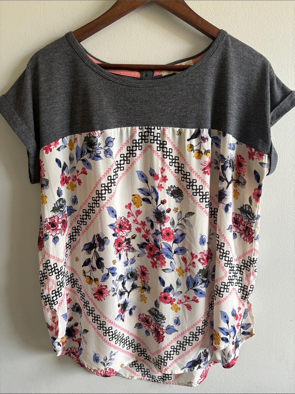 Rewind Floral Mixed Media Top XL Gray Knit Short Sleeve Blouse